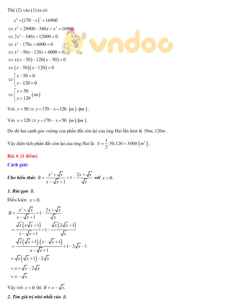 Đáp án đề thi tuyển sinh lớp 10 môn Toán tỉnh Trà Vinh năm 2020