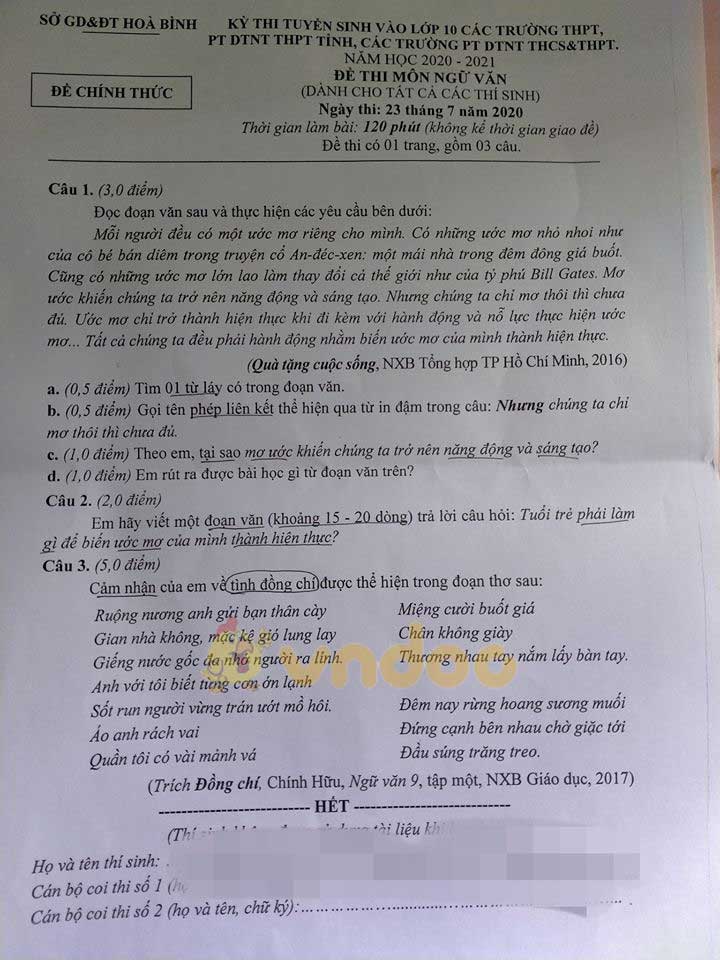 Đáp án đề thi tuyển sinh lớp 10 môn Văn tỉnh Hòa Bình năm 2020