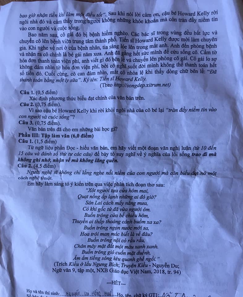 Đề thi tuyển sinh lớp 10 môn Văn tỉnh Nam Định năm 2020
