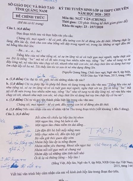 Đề thi tuyển sinh lớp 10 môn Văn tỉnh Quảng Nam năm 2020