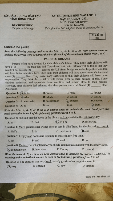 Đáp án Đề thi tuyển sinh lớp 10 môn Anh Đồng Tháp năm 2020