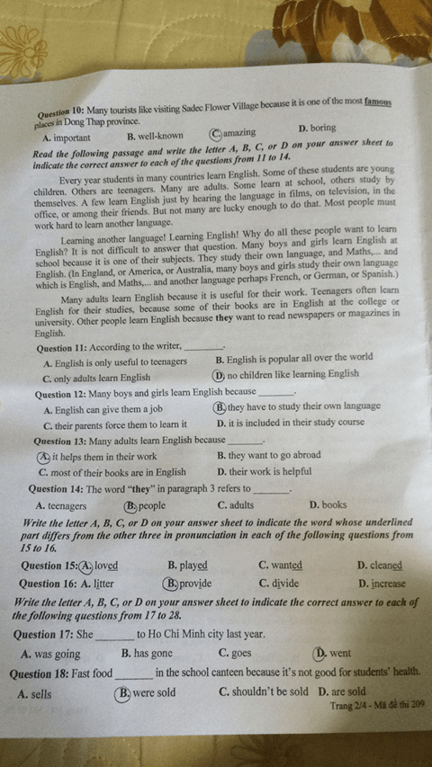 Đáp án Đề thi tuyển sinh lớp 10 môn Anh Đồng Tháp năm 2020