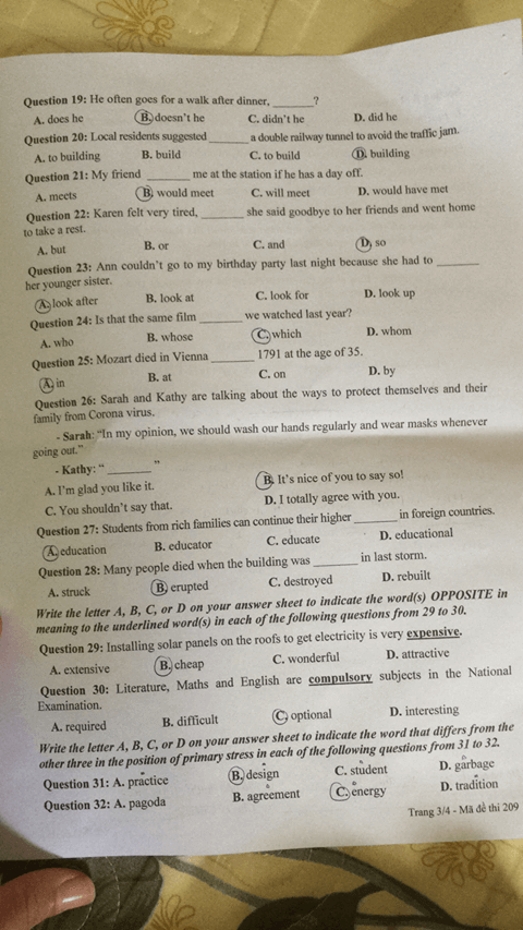 Đáp án Đề thi tuyển sinh lớp 10 môn Anh Đồng Tháp năm 2020