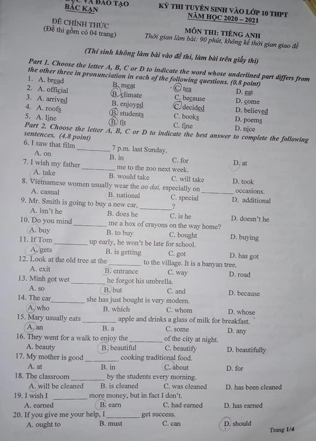 Đáp án Đề thi tuyển sinh lớp 10 môn Anh Bắc Kạn năm 2020