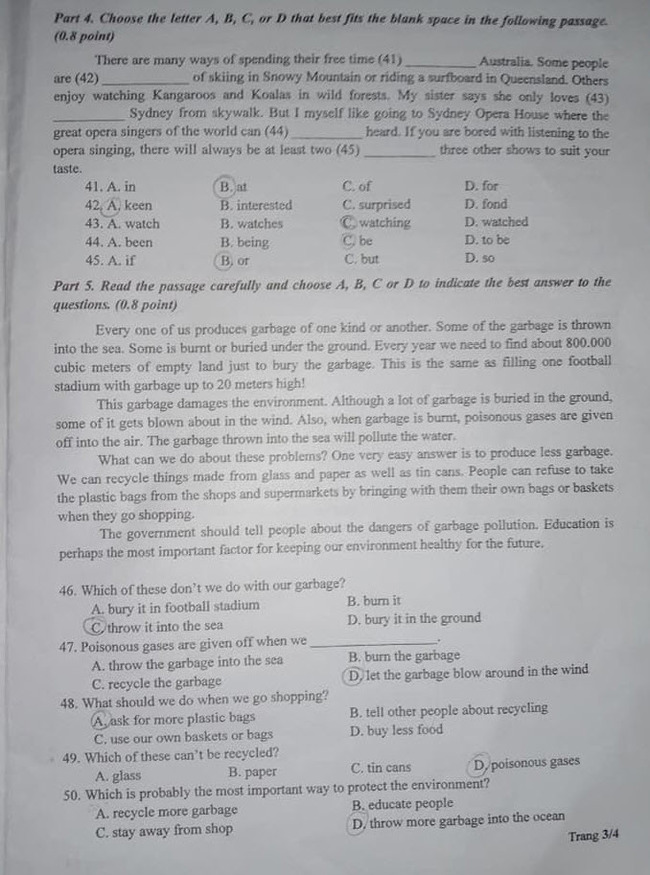 Đáp án Đề thi tuyển sinh lớp 10 môn Anh Bắc Kạn năm 2020