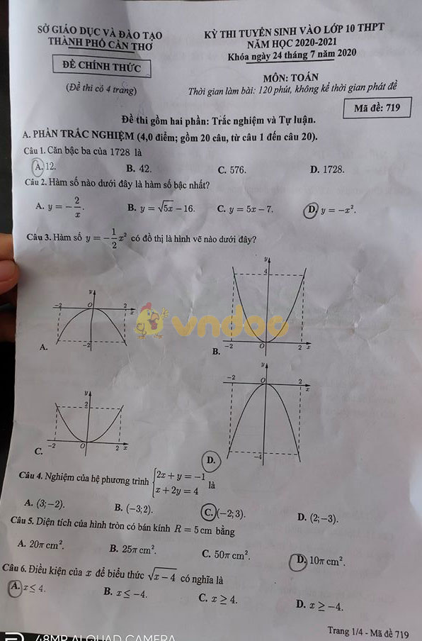 Đáp án đề thi tuyển sinh lớp 10 môn Toán tỉnh Cần Thơ năm 2020