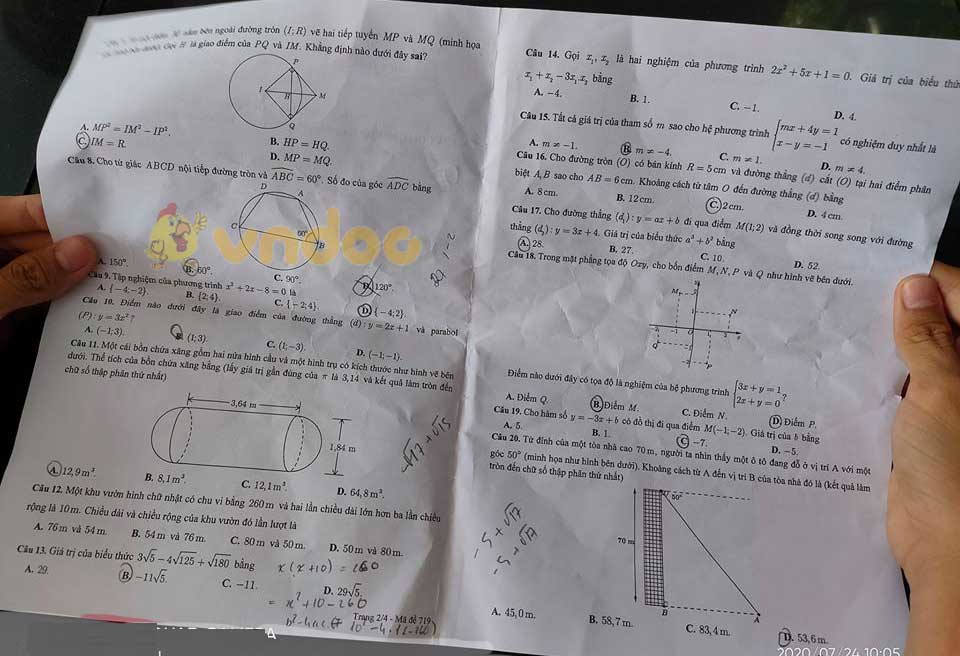Đáp án đề thi tuyển sinh lớp 10 môn Toán tỉnh Cần Thơ năm 2020