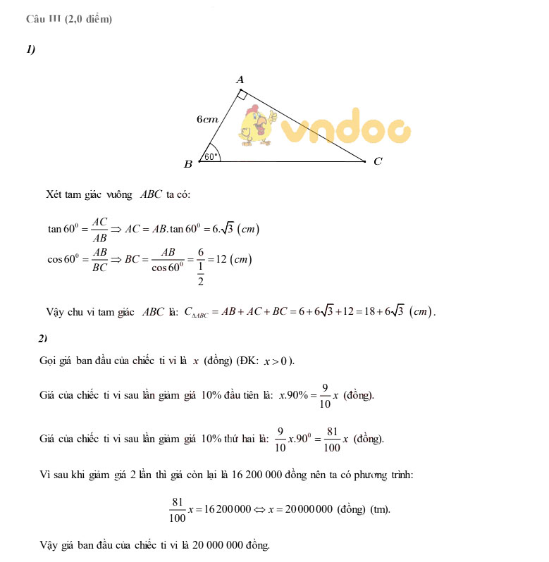 Đáp án đề thi tuyển sinh lớp 10 môn Toán tỉnh Hòa Bình năm 2020