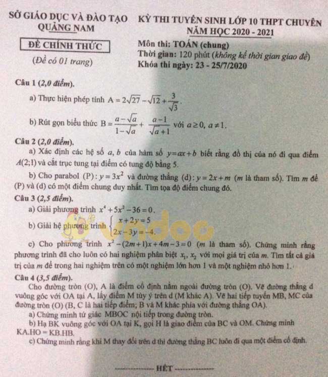 Đáp án đề thi tuyển sinh lớp 10 môn Toán tỉnh Quảng Nam năm 2020