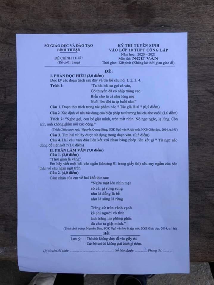 Đề thi tuyển sinh lớp 10 môn Văn tỉnh Bình Thuận năm 2020