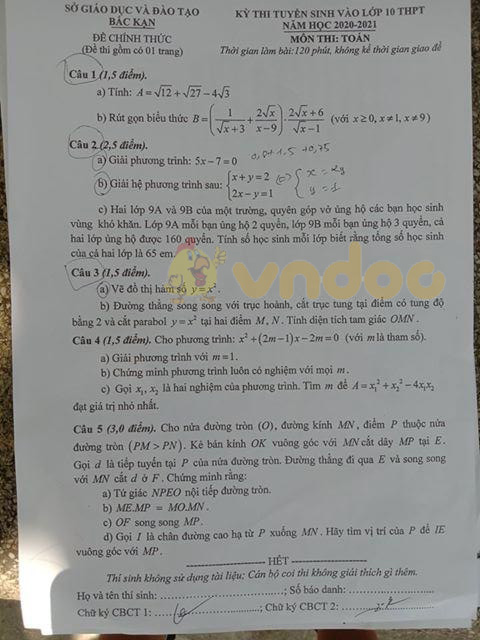 Đáp án đề thi tuyển sinh lớp 10 môn Toán tỉnh Bắc Kạn năm 2020
