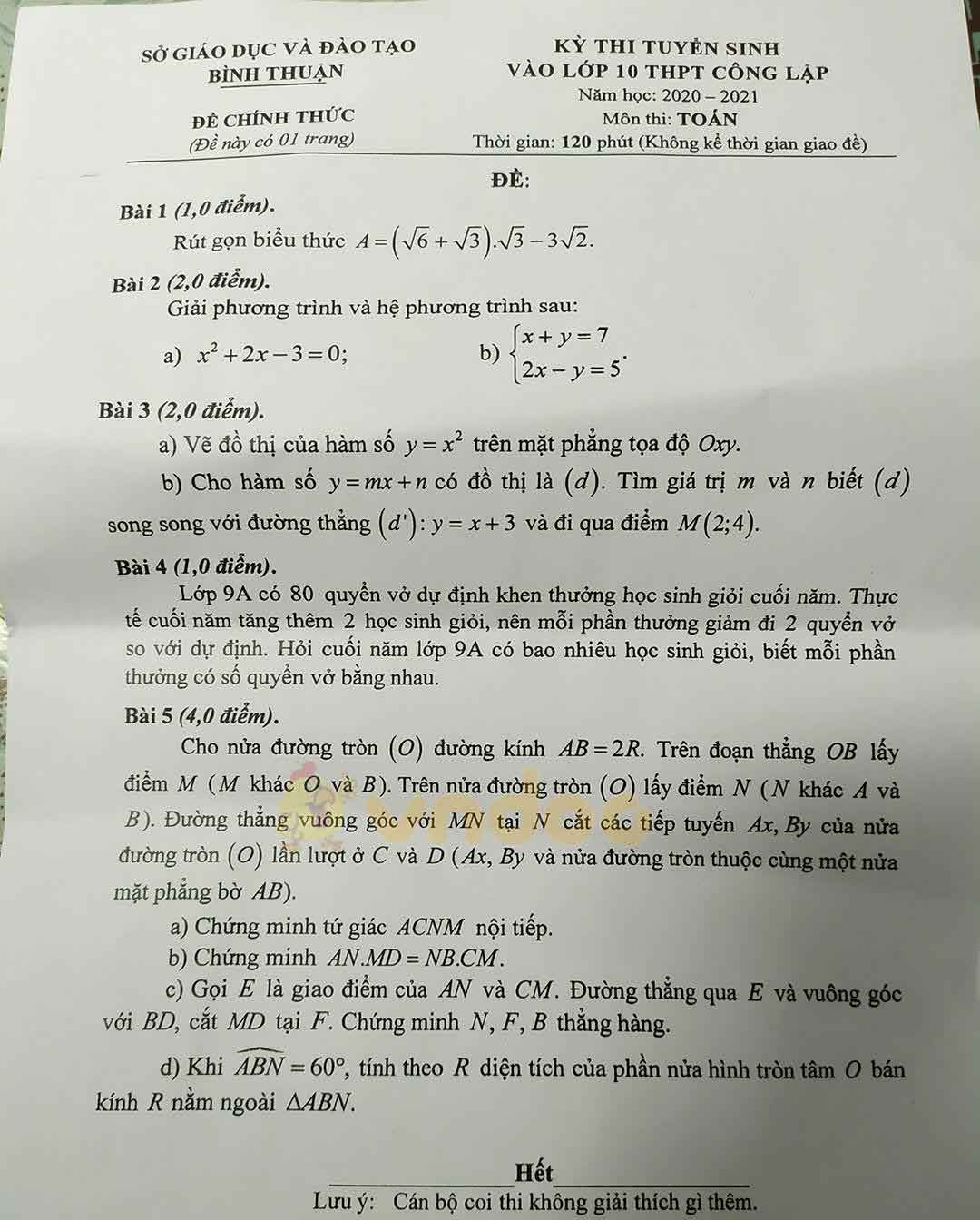 Đáp án đề thi tuyển sinh lớp 10 môn Toán tỉnh Bình Thuận năm 2020