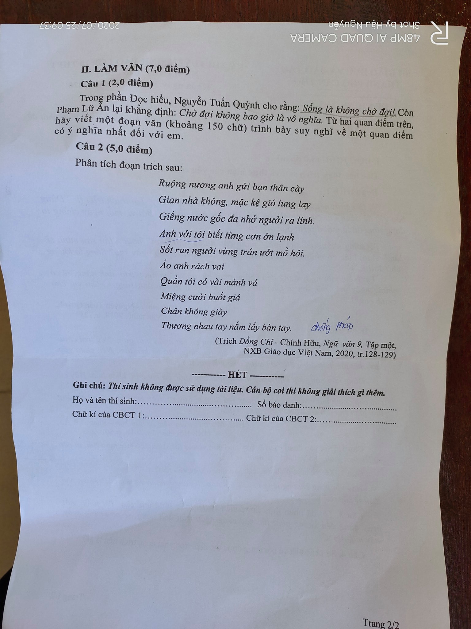 Đề thi tuyển sinh lớp 10 môn Văn tỉnh Cần Thơ năm 2020