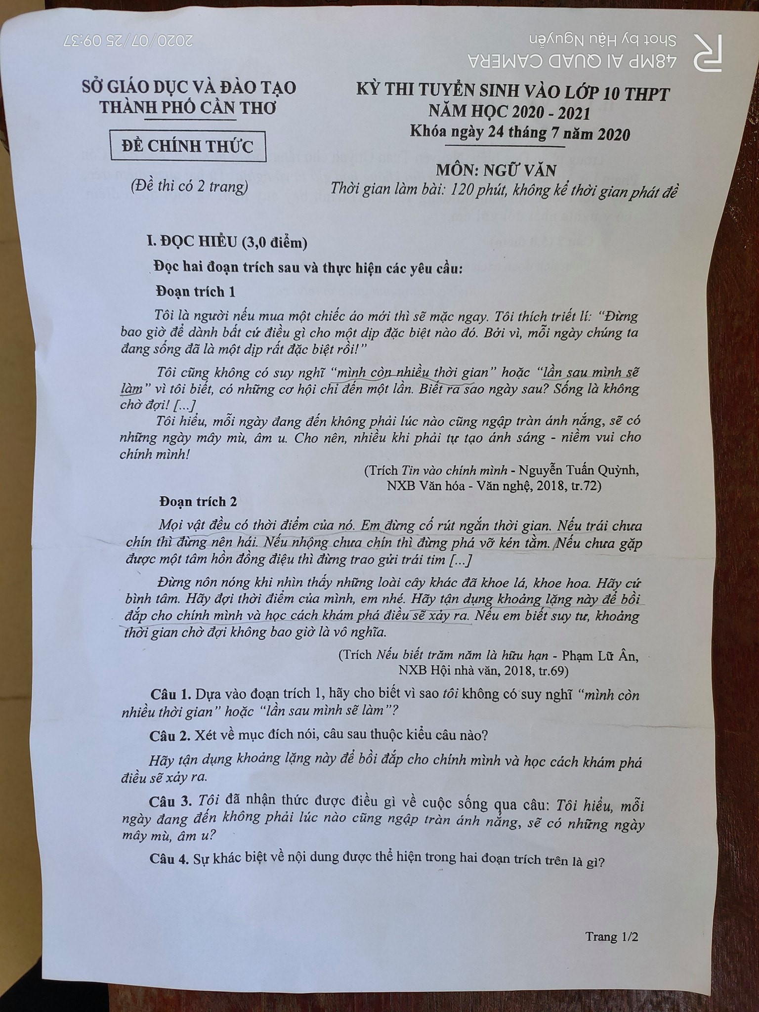 Đề thi tuyển sinh lớp 10 môn Văn tỉnh Cần Thơ năm 2020