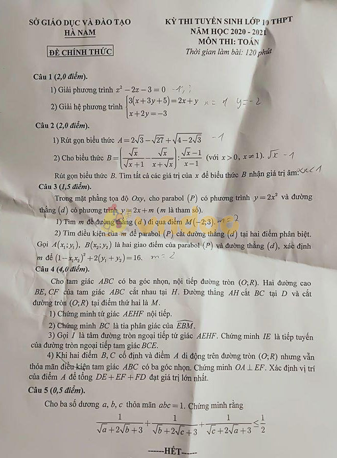 Đáp án đề thi tuyển sinh lớp 10 môn Toán tỉnh Hà Nam năm 2020