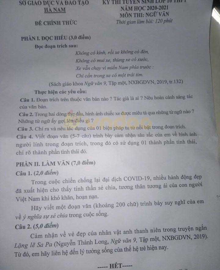 Đáp án đề thi tuyển sinh lớp 10 môn Văn tỉnh Hà Nam năm 2020