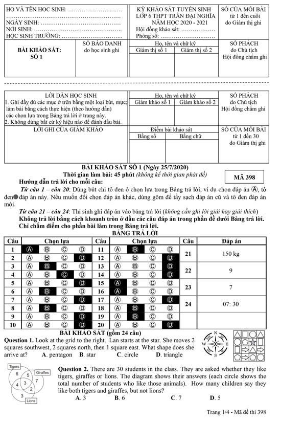 Đề thi vào lớp 6 Trần Đại Nghĩa