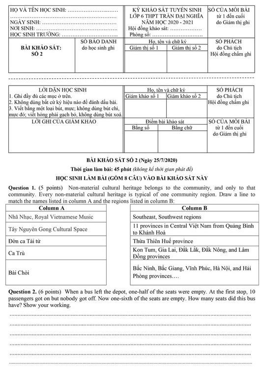 Đề thi vào lớp 6 Trần Đại Nghĩa