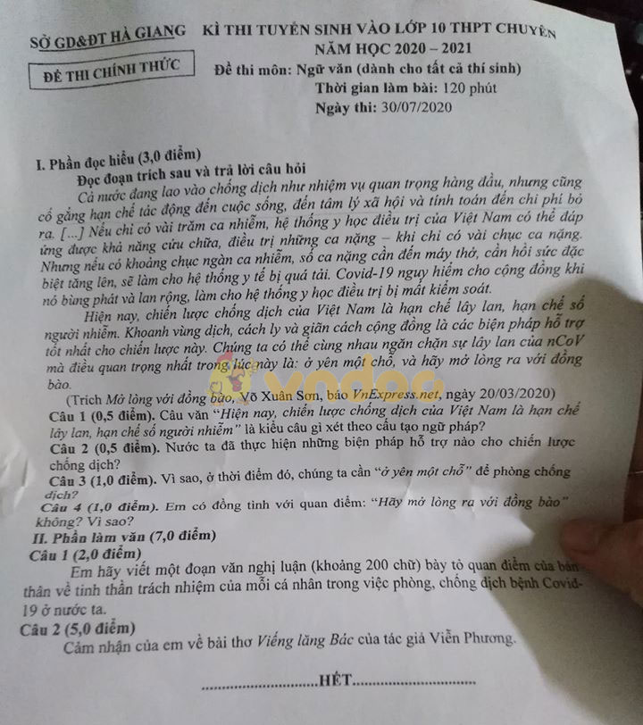 Đề thi tuyển sinh lớp 10 môn Văn chuyên năm 2020 tỉnh Hà Giang