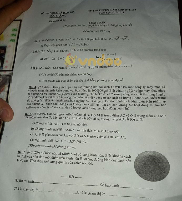 Đáp án đề thi tuyển sinh lớp 10 môn Toán tỉnh Sóc Trăng năm 2020