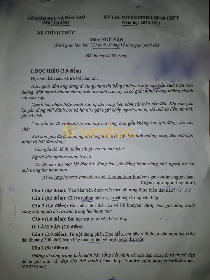 Đề thi tuyển sinh lớp 10 môn Văn tỉnh Sóc Trăng năm 2020