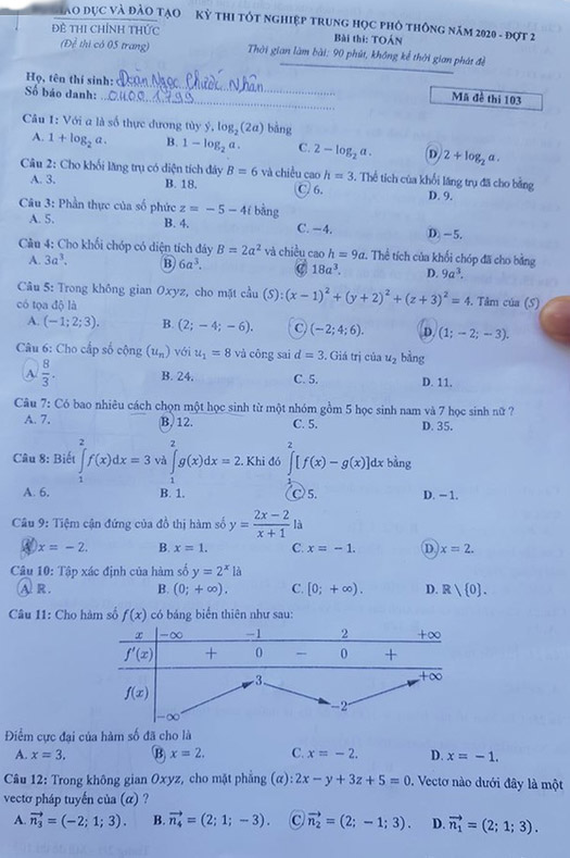 Đáp án Đề thi THPT Quốc Gia 2020 môn Toán đợt 2
