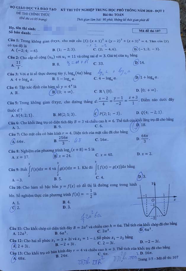 Đáp án Đề thi THPT Quốc Gia 2020 môn Toán đợt 2