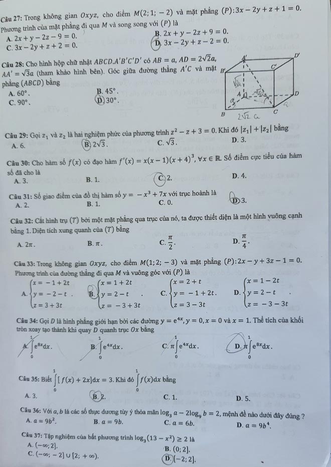 Đáp án Đề thi THPT Quốc Gia 2020 môn Toán đợt 2