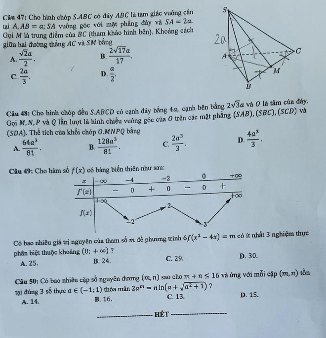 Đáp án Đề thi THPT Quốc Gia 2020 môn Toán đợt 2