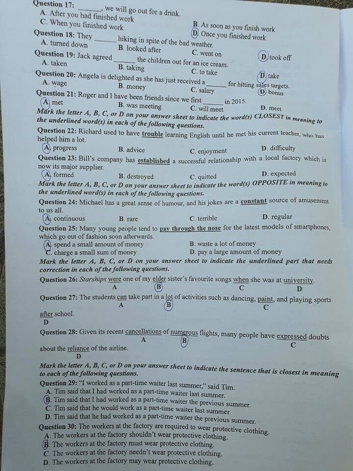 Đáp án Đề thi THPT Quốc Gia 2020 môn Anh đợt 2