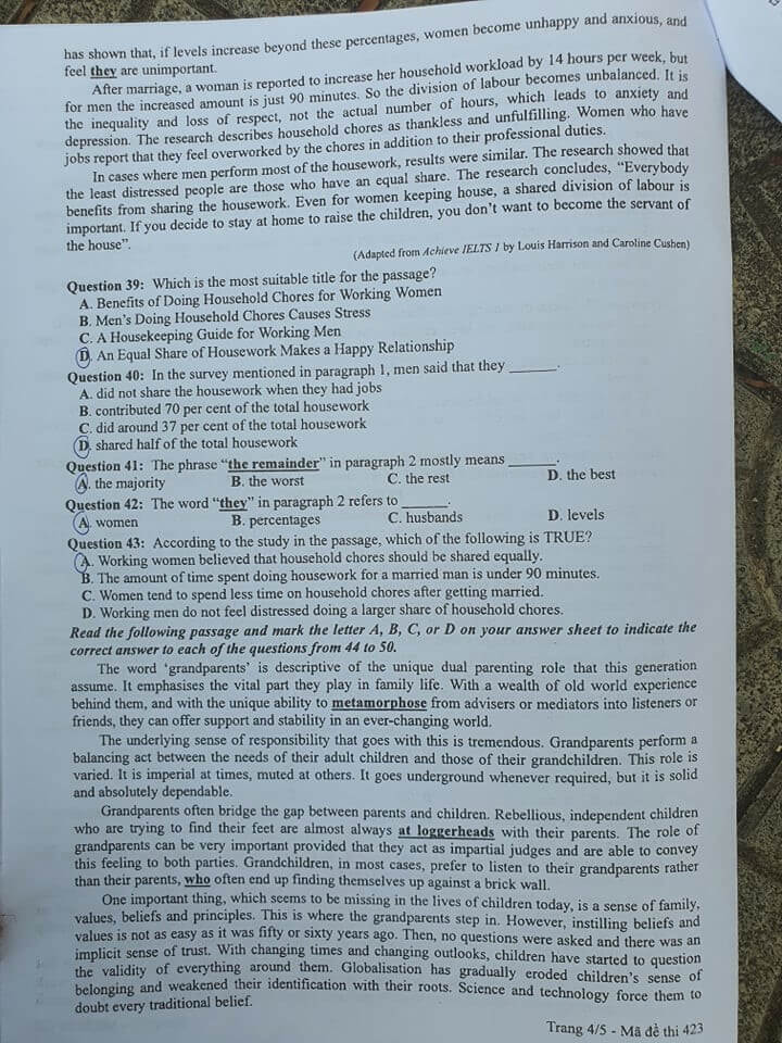 Đáp án Đề thi THPT Quốc Gia 2020 môn Anh đợt 2