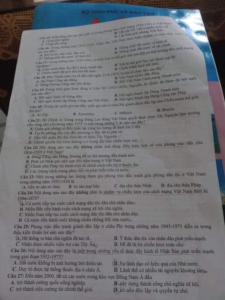 Đáp án Đề thi THPT Quốc Gia 2020 môn Sử đợt 2