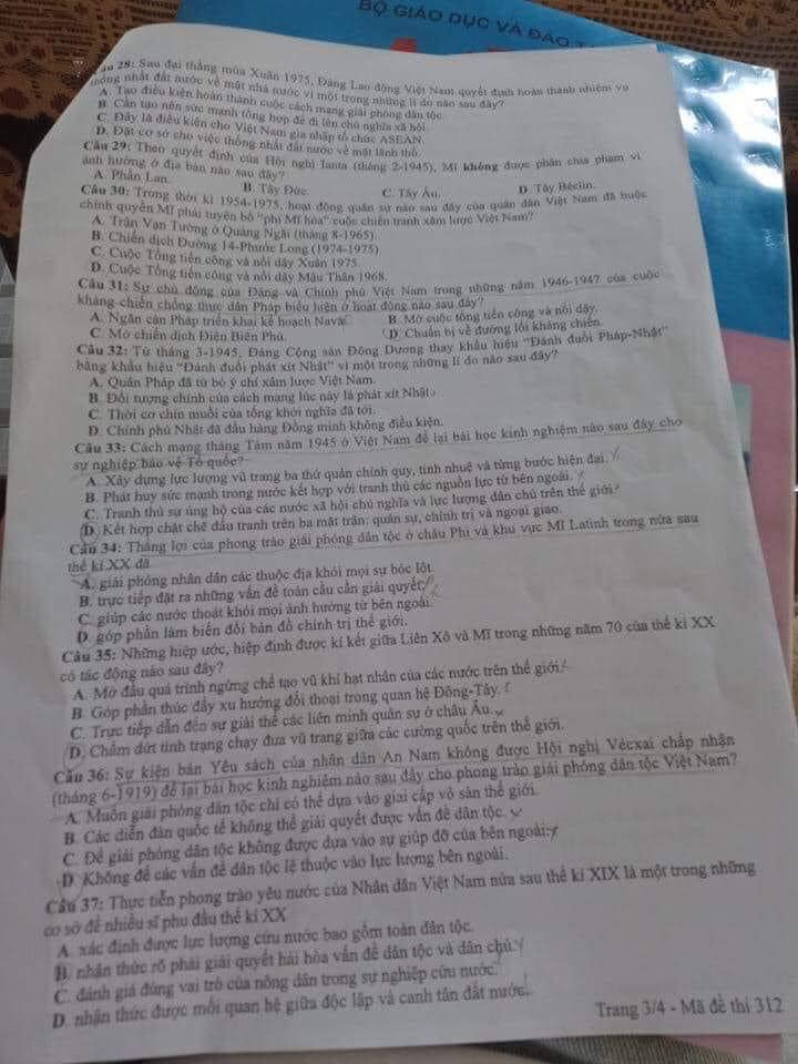 Đáp án Đề thi THPT Quốc Gia 2020 môn Sử đợt 2