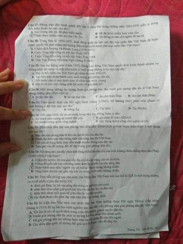 Đáp án Đề thi THPT Quốc Gia 2020 môn Sử đợt 2