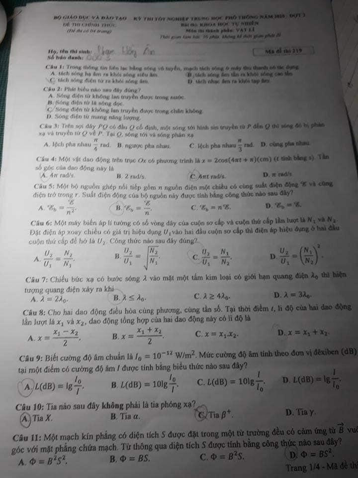 Đáp án Đề thi THPT Quốc Gia 2020 môn Vật lý đợt 2
