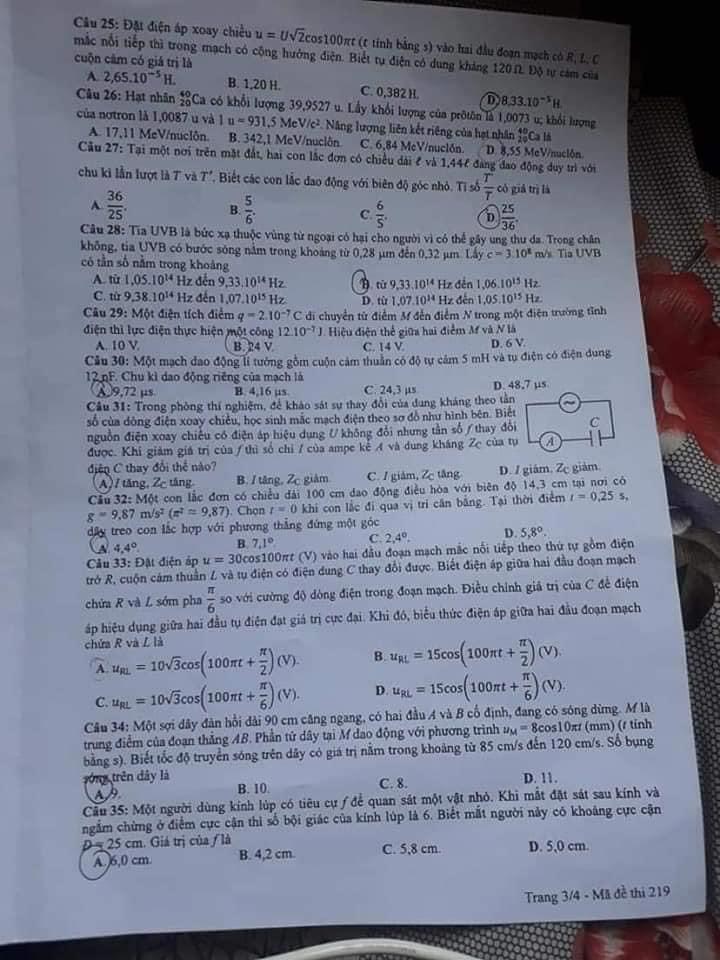 Đáp án Đề thi THPT Quốc Gia 2020 môn Vật lý đợt 2