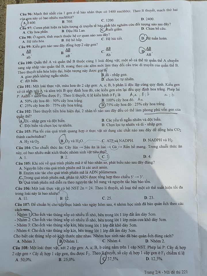 Đáp án Đề thi THPT Quốc Gia 2020 môn Sinh đợt 2