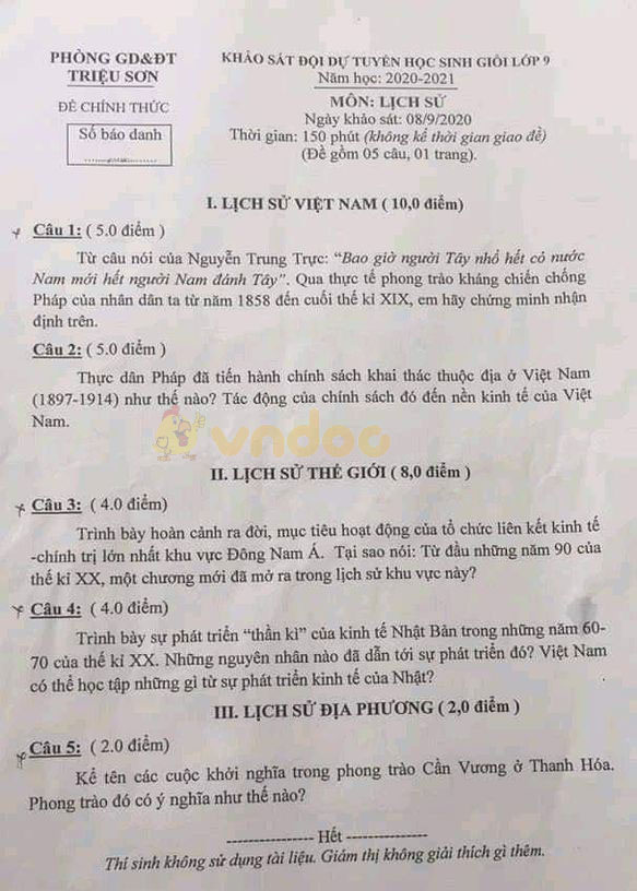 Đề thi chọn học sinh giỏi lớp 9 môn Lịch sử Phòng GD&ĐT Triệu Sơn năm học 2020 - 2021