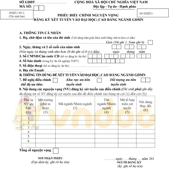 Phiếu điều chỉnh nguyện vọng 2020