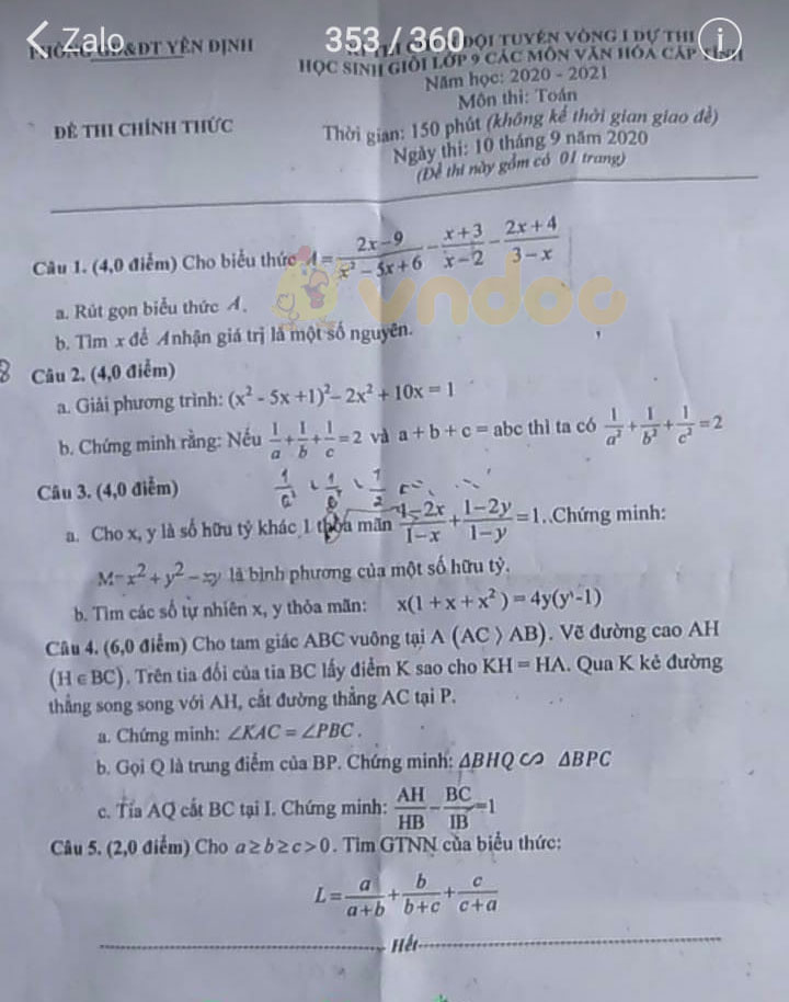 Đề thi chọn học sinh giỏi lớp 9 môn Toán Phòng GD&ĐT Yên Định năm học 2020 - 2021