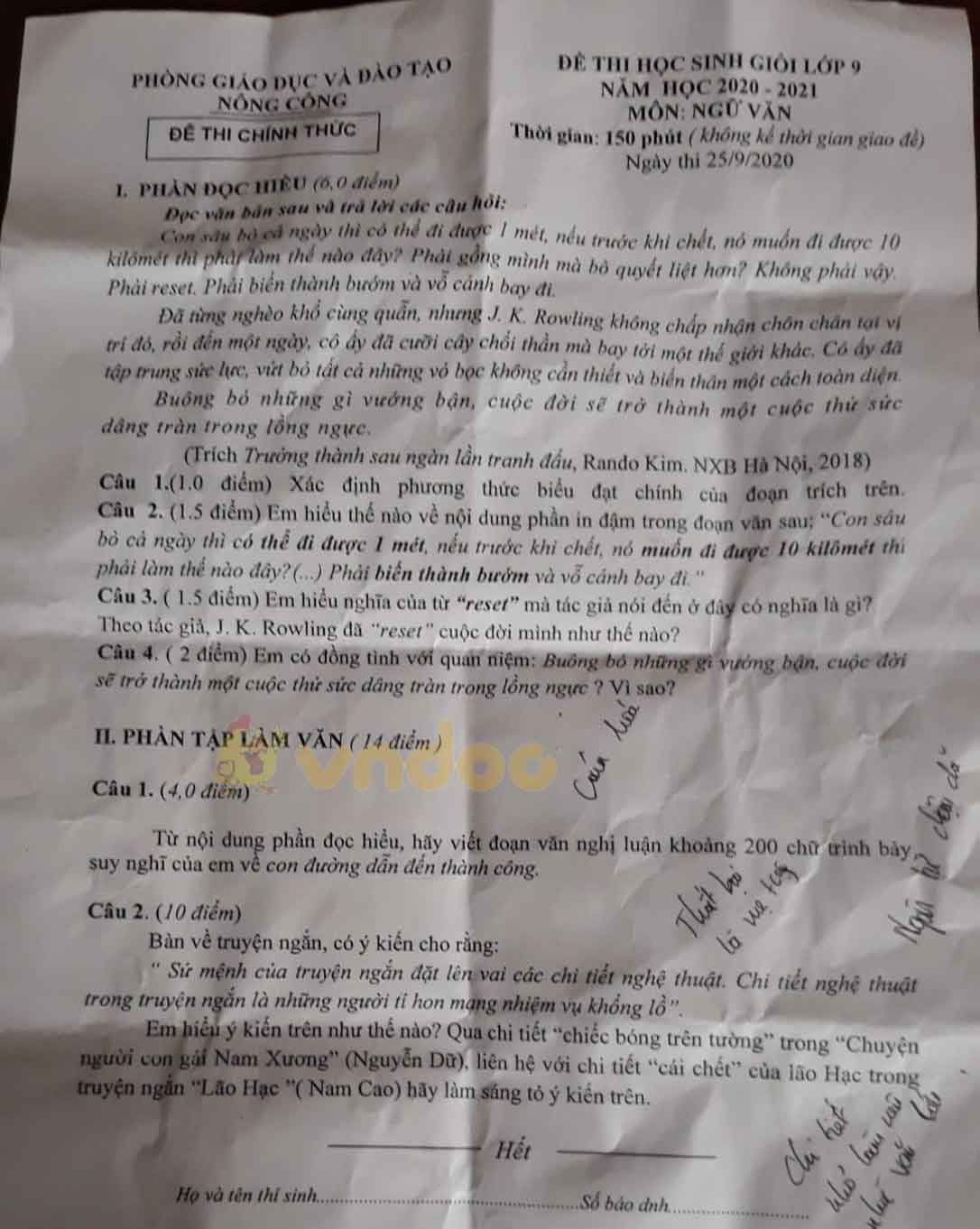Đề thi chọn học sinh giỏi lớp 9 môn Ngữ văn Phòng GD&ĐT Nông Cống năm học 2020 - 2021