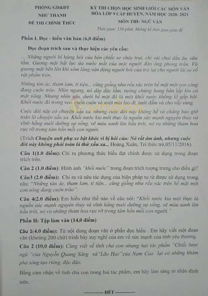 Đề thi chọn học sinh giỏi lớp 9 môn Ngữ văn Phòng GD&ĐT Như Thanh năm học 2020 - 2021