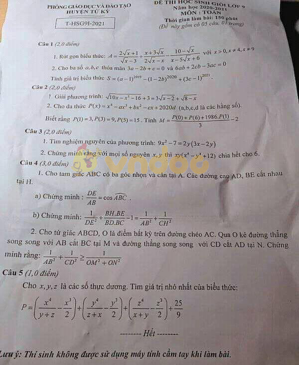 Đề thi chọn học sinh giỏi lớp 9 môn Toán Phòng GD&ĐT Tứ Kỳ năm học 2020 - 2021