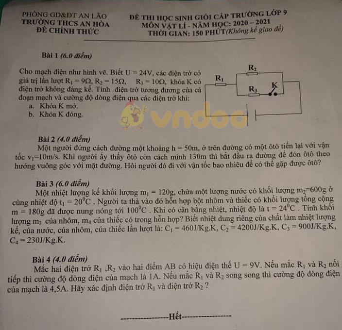 Đề thi chọn học sinh giỏi lớp 9 môn Vật lý Trường THCS An Hòa, An Lão năm học 2020 - 2021