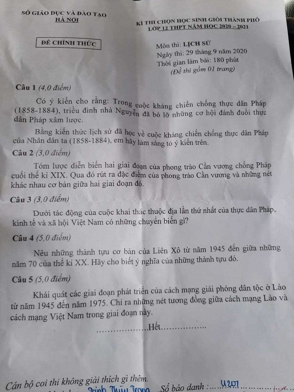 Đề thi học sinh giỏi lớp 12 môn Lịch sử năm 2021 Sở GD&ĐT Hà Nội