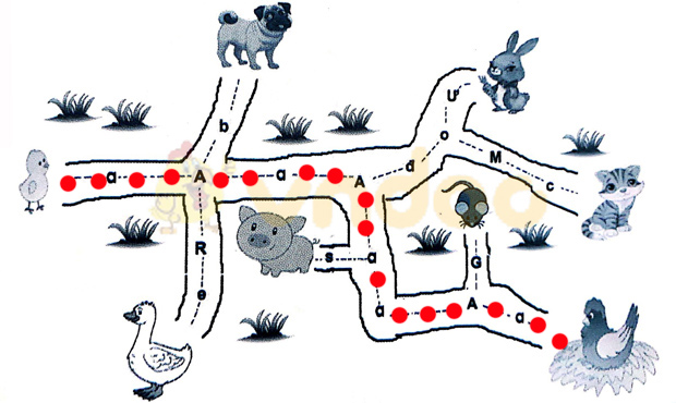 Câu 1. Nối Trả lời: Câu 2. Gà con tìm mẹ Gà con phải đi đúng đường có chữ a để tìm được mẹ. Hãy dùng bút vẽ đường đi giúp gà con. Trả lời: