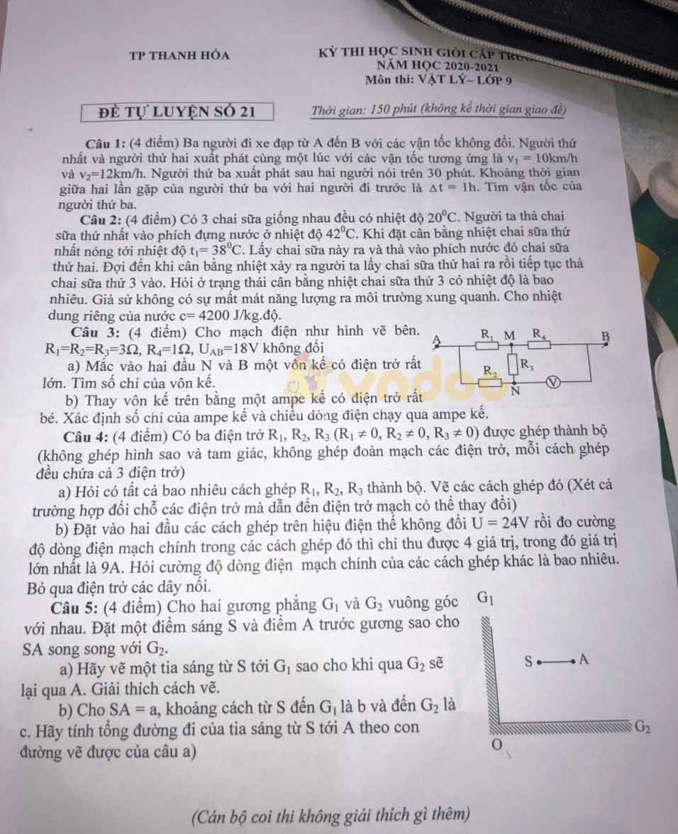 Đề thi chọn học sinh giỏi lớp 9 môn Vật lý Thành phố Thanh Hóa năm học 2020 - 2021