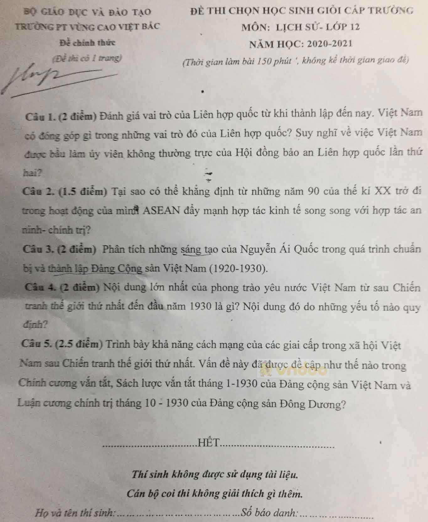 Đề thi chọn học sinh giỏi lớp 12 môn Lịch sử năm 2020-2021 trường PT Vùng cao Việt Bắc