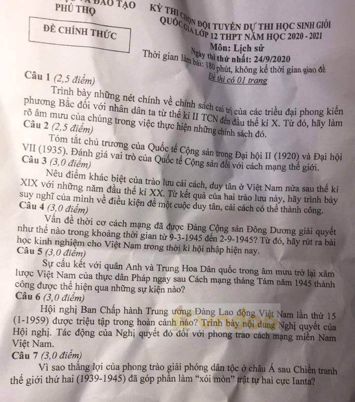 Đề thi chọn học sinh giỏi lớp 12 môn Lịch sử năm 2020-2021 Sở GD&ĐT Phú Thọ
