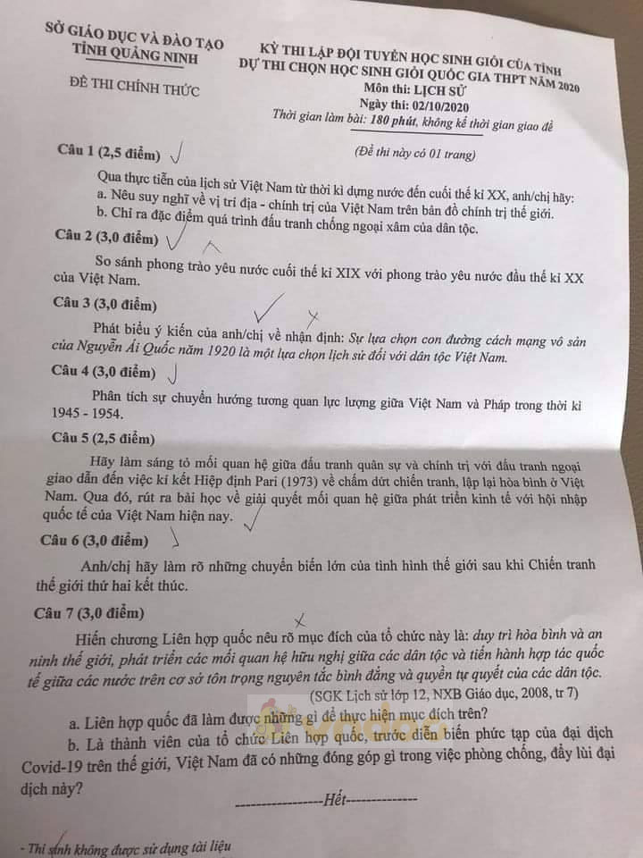 Đề thi chọn học sinh giỏi lớp 12 môn Lịch sử năm 2020-2021 Sở GD&ĐT Quảng Ninh